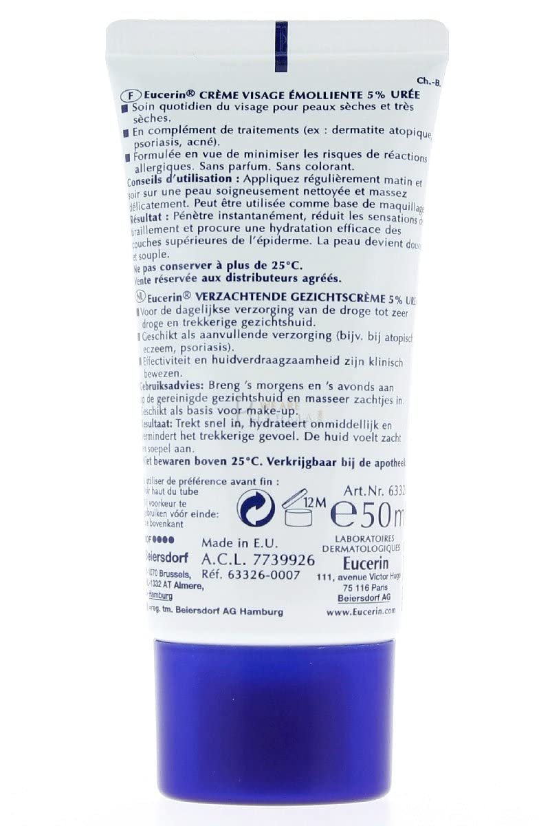 Eucerin 5% Urea Smoothing Face Cream, 50ml - Hydrating Moisturizer for Dry Skin, Dye-Free, Adult