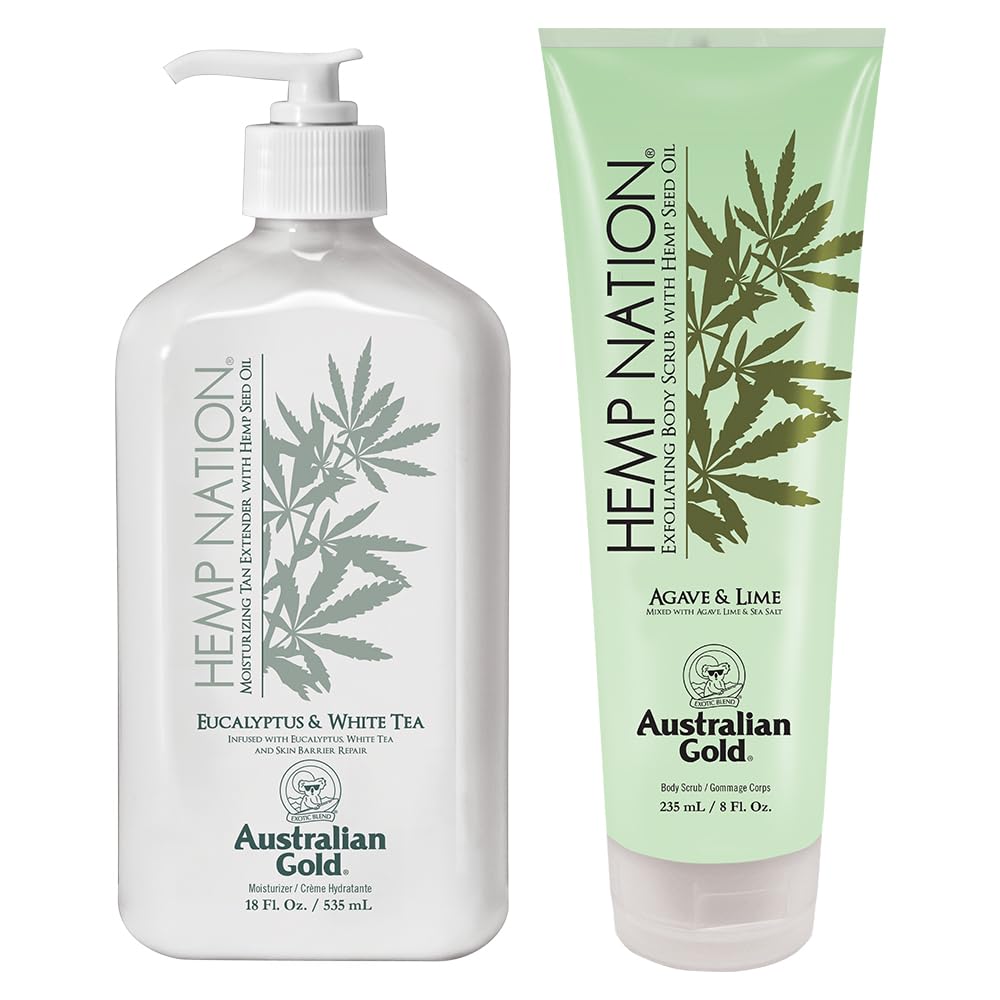 Australian Gold Hemp Nation Eucalyptus & White Tea Bundle - Tan Extender Body Lotion (18 FL Oz) and Exfoliating Agave & Lime Body Scrub (8 FL Oz), Skin Barrier Repair, Pure Hemp Seed Oil