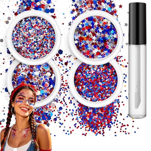 4-Jar Red White Blue Glitter Set with Glue - 4th of July