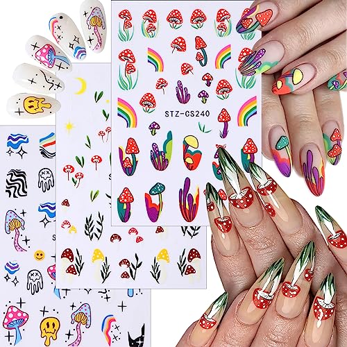 3 Sheets Mushroom Nail Stickers Decals, Colorful Cute 3D Self-Adhesive Rainbow Nail Art Stickers Designs, Mushroom Moon Star Flowers Rainbow Heart Nail Decorations for Manicure Accessories