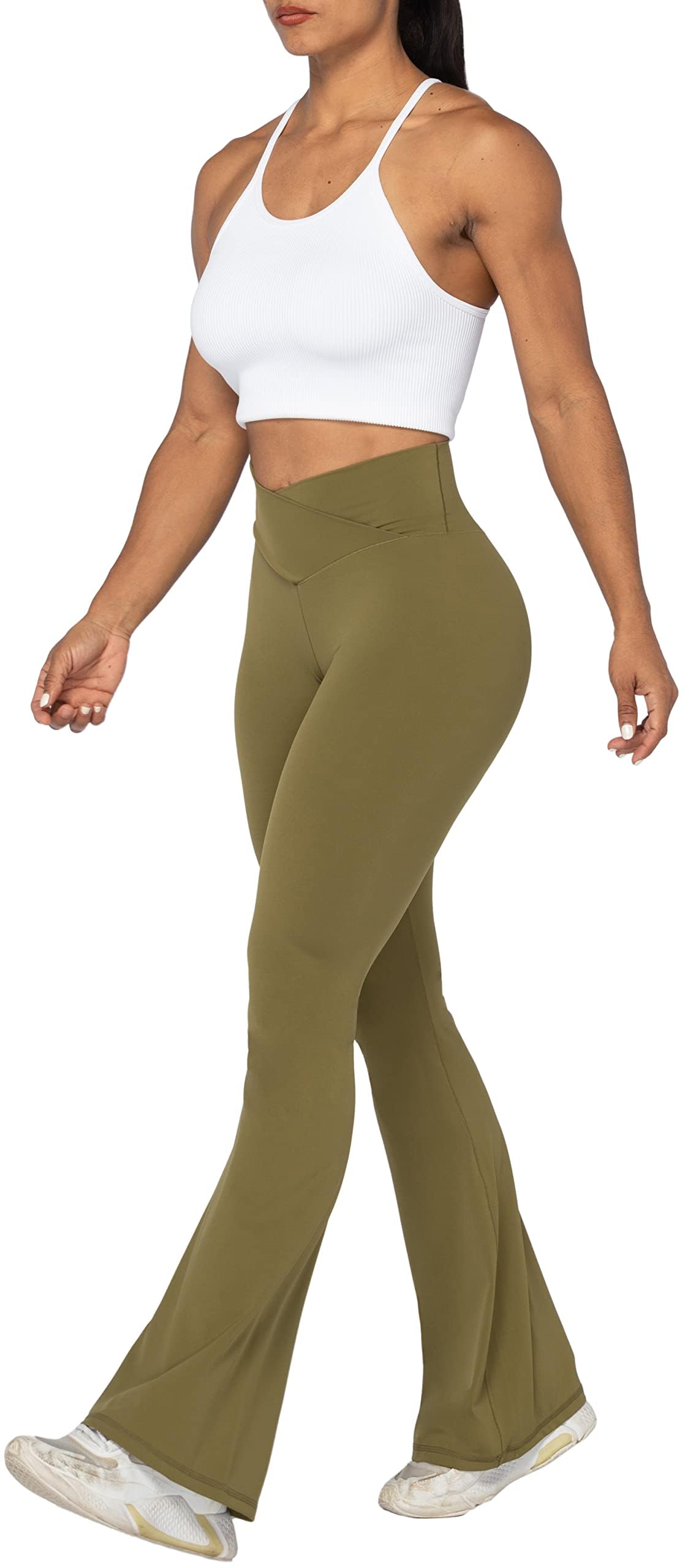 Sunzel Flare Leggings, Crossover Yoga Pants with Tummy Control, High-Waisted and Wide Leg, 34" Inseam, Martini Large