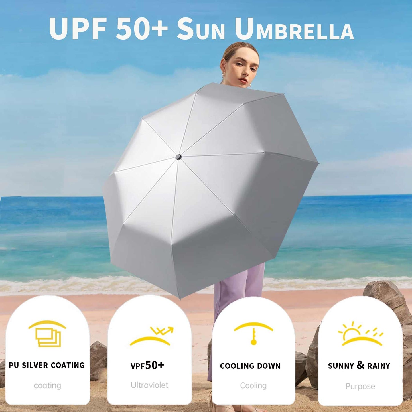 SIEPASA Silver/Pink Compact Travel Umbrella with UPF 50+ UV Protection, Windproof and Auto Open/Close