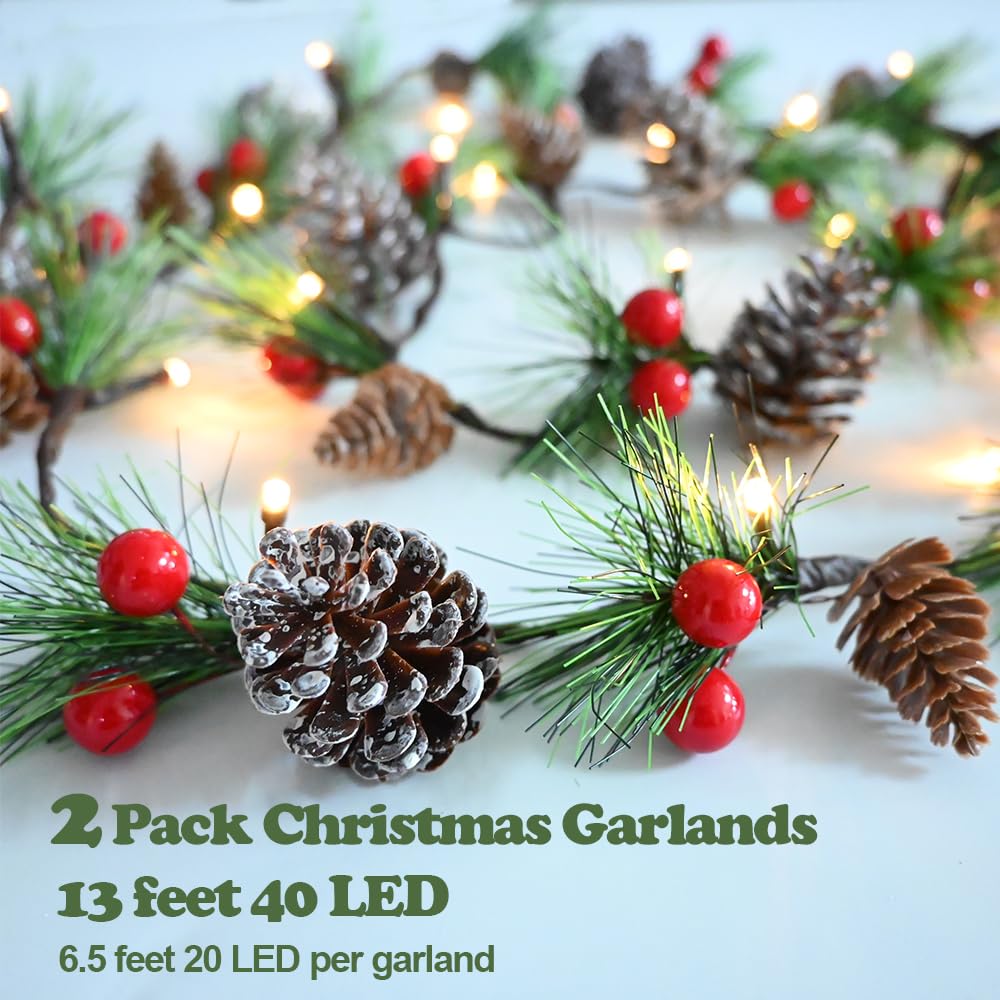 Christmas Garland Lights 2 Pack Holiday Prelit Garland 13FT 40LED Pine Cone Garland Light with Red Berry Upgraded Battery Operated Garland with Lights Xmas Decor Lights for Outdoor Indoor Christmas