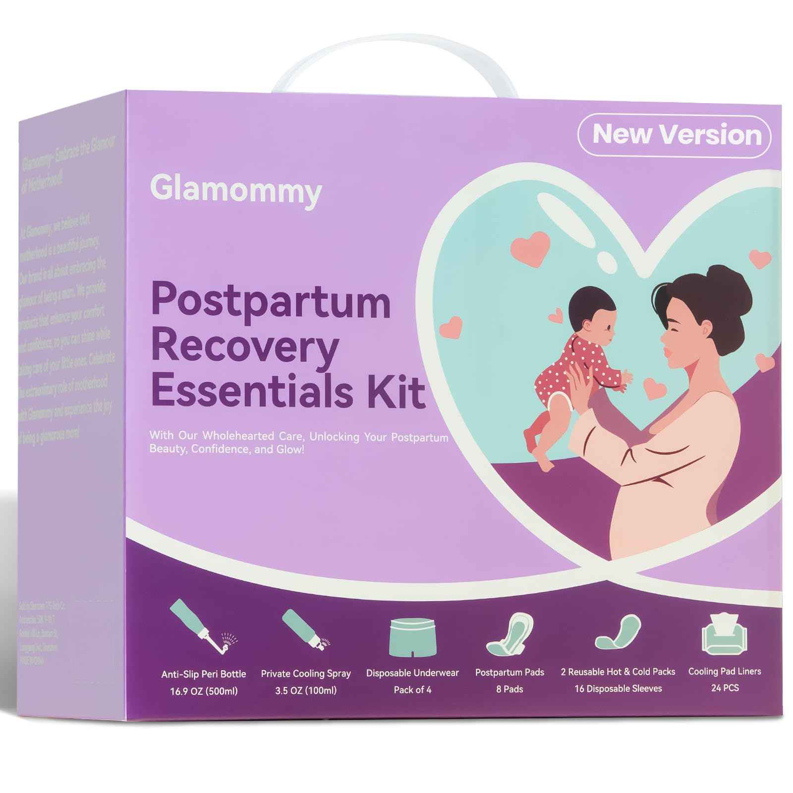 Glamommy Postpartum Recovery Essentials Kit for Women, Labor & Delivery Postpartum Care, Peri Bottle, Cooling Spray, Disposable Postpartum Underwears, Postpartum Pads, Hot&Cold Packs, Soothing Liners