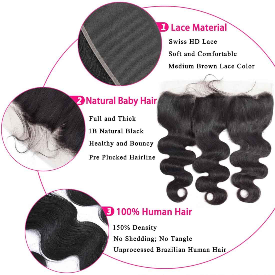 13x4 Lace Frontal Closure Body Wave Ear to Ear 16 Inch Brazilian Virgin Human Hair Closure Free Part 180% Density Hair Extensions Pre Plucked Natural Black 180% Density (13 x 4 Body Wave, 16 inch)