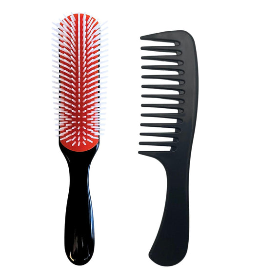 MDSTYLE Hair Brush for Curly, Thick, Wavy and Coily Hair - Curl Defining, Detangling, Styling, Blowdrying, Shaping - 9 Row Detangler Brush for Women and Men - Dry or Wet (Black Regular 1pc & Comb 1pc)