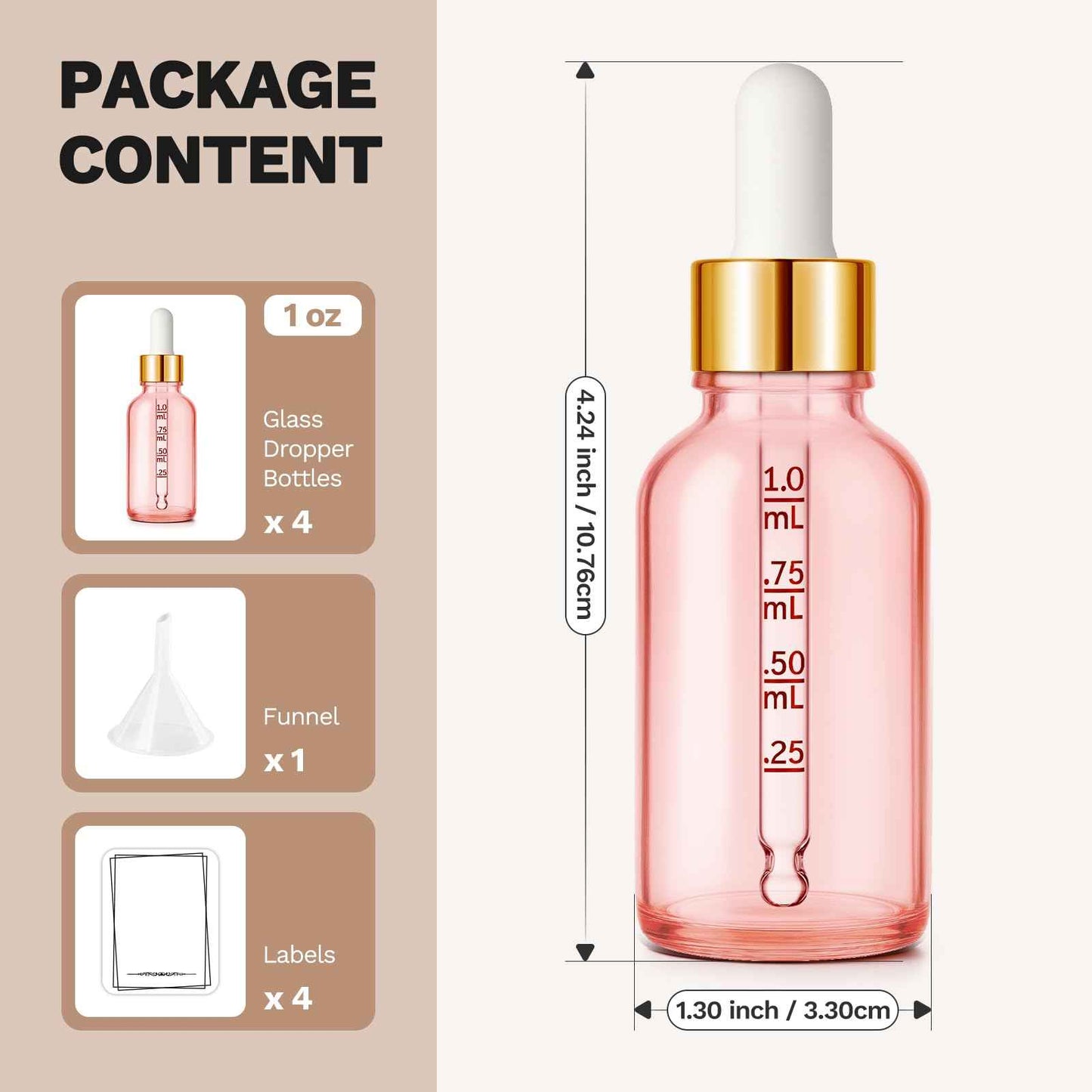 Bumobum 1 oz Dropper Bottle, Pink Glass Dropper Bottle with Glass Measured Dropper & Golden Cap, Empty Eye Tincture Bottles with Funnel & Labels for Essential Oils Serums Tavel Liquids, 4 Pack