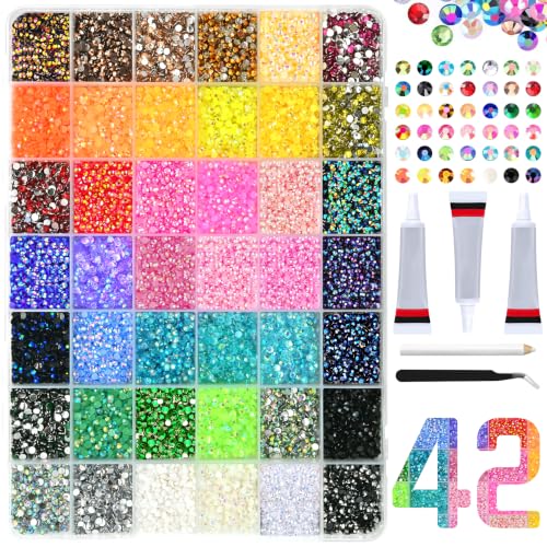 42-Color Jelly Rhinestones Kit with Glue – 34,000pcs 3mm AB Coated Gems for Nails, Crafts, Diamond Painting