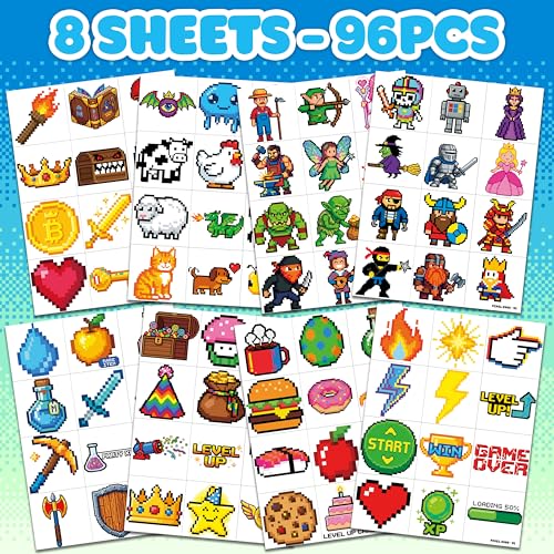 96 Pixel Gaming Temporary Tattoos for Kids | Party Favors
