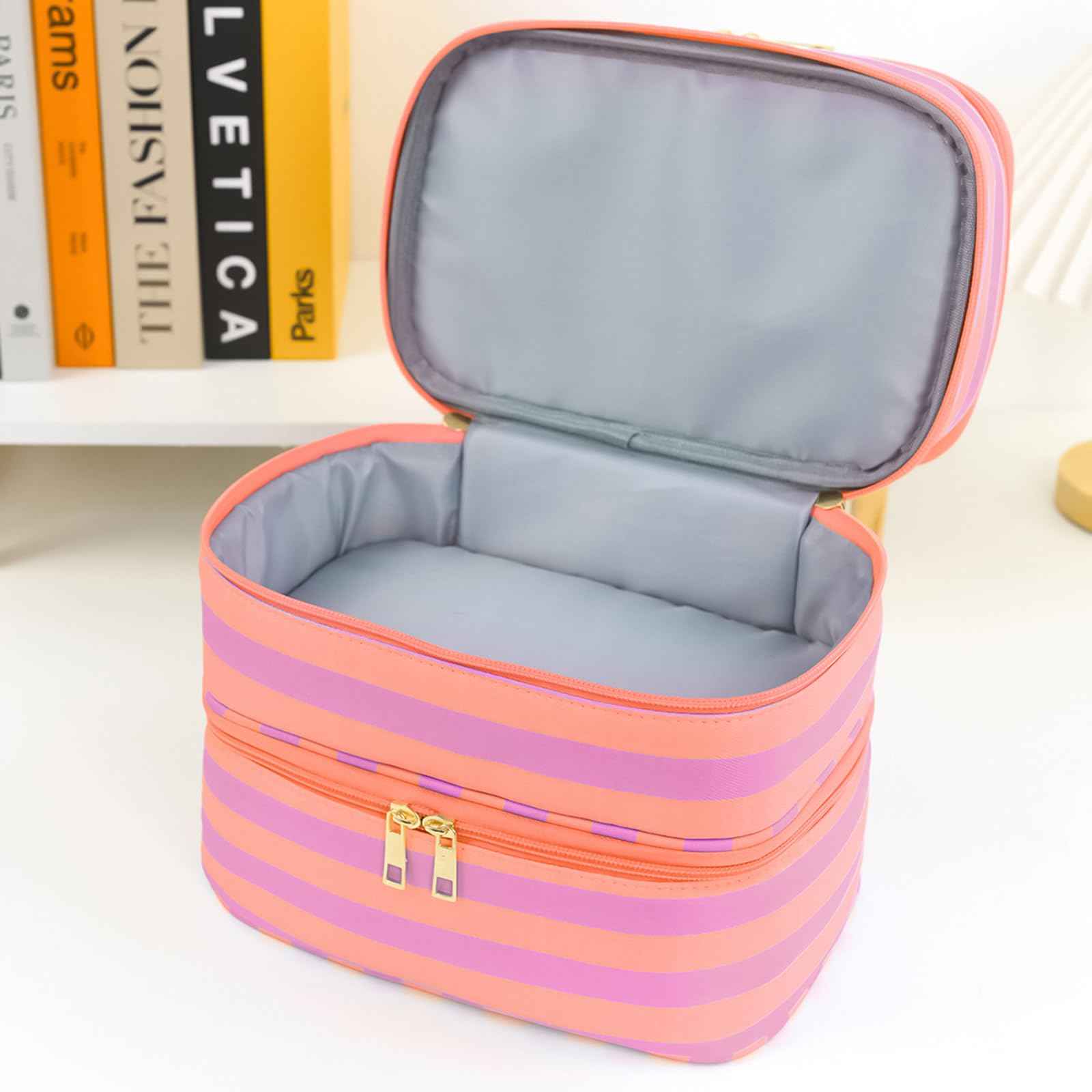 Apxouans Three Layer Makeup Bag for Women Fashion Stripes Cosmetic Bag Preppy Style Travel Water-Resistant Toiletry Bag for Storage Toiletries Cosmetics Sets for Women Teen Girls Purple