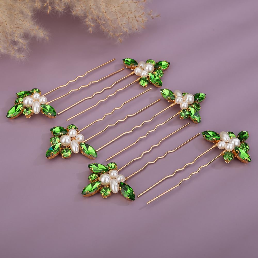 Teyglen 6pcs Crystal Pearl Bridal Hair Pins Green Rhinestone Wedding Hair Pins Clips Set Handmade Rhinestone Hair Piece Decorative Hair Accessories for Women Bride Girls (Green)