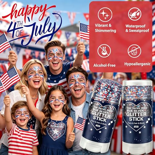 Patriotic Red White Blue Body Glitter Stick | 4th of July