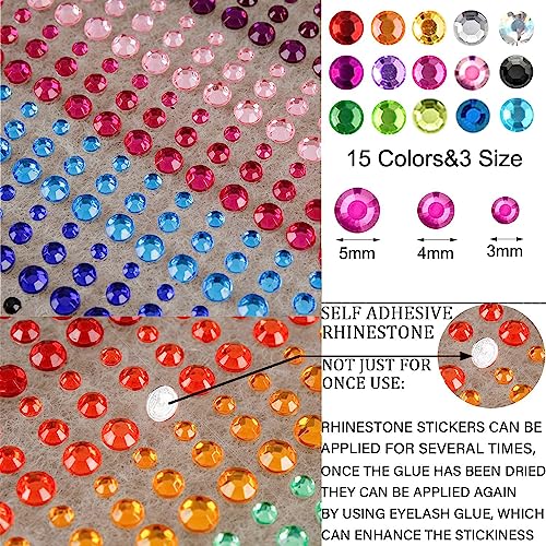 1100 Pcs 15 Colors Rainbow Rhinestones Self Adhesive Halloween Rhinestones for Makeup Eyes Face Jewels Body Gems Stick on Festival Accessories Costume Body Nail DIY Makeup 3mm 4mm 5mm¡¦