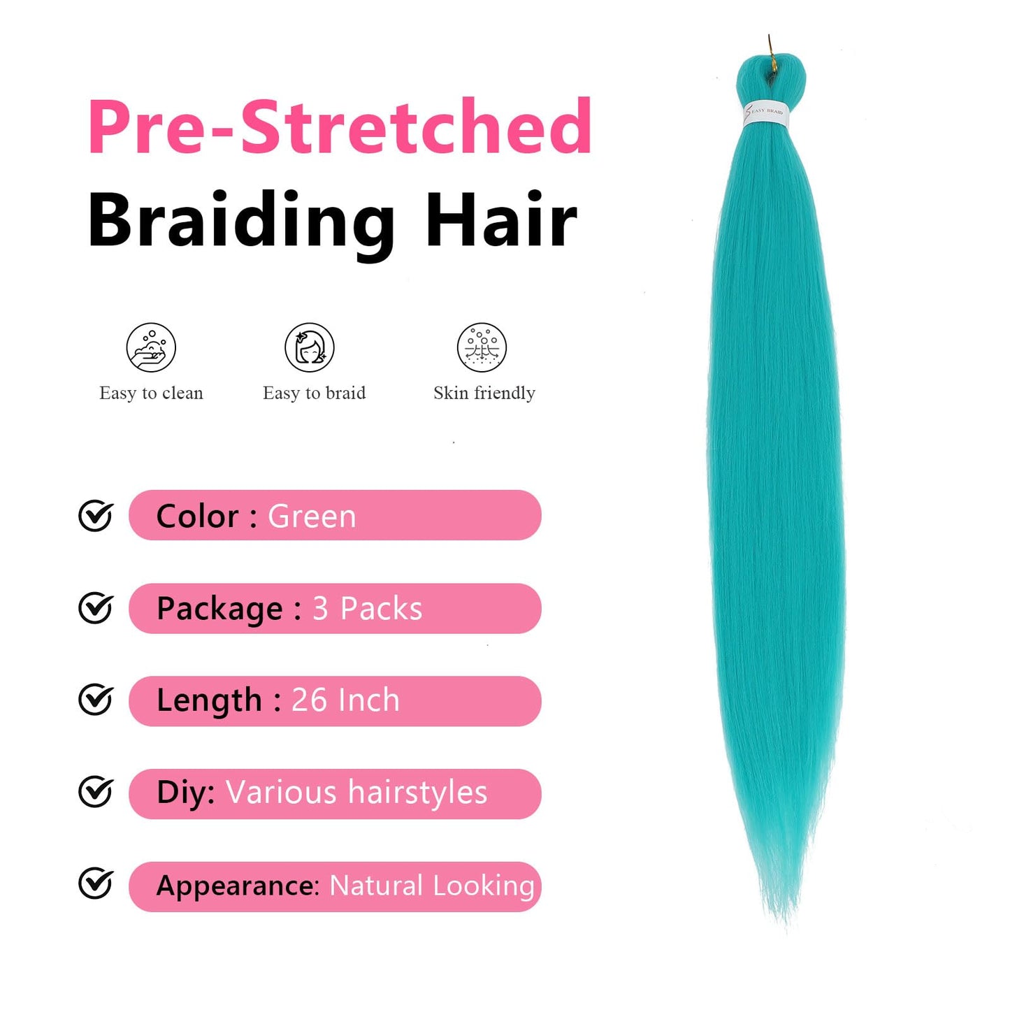 Braiding Hair Pre Stretched 26 Inch Green Braiding Hair Extensions for Braids 3Packs Long Braids Crochet Hair for Braiding Green EZ Braids Hot Water Setting Braiding Hair(70℃/80℃)