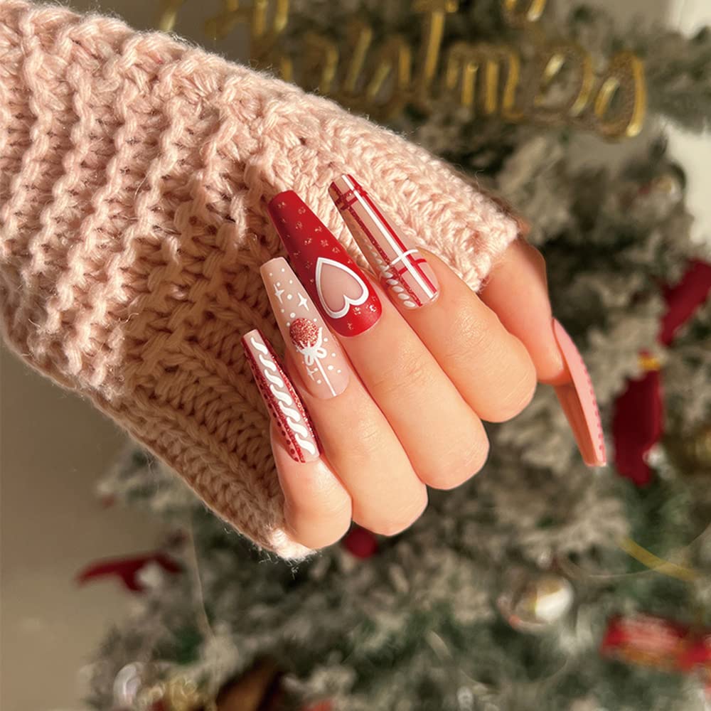 Christmas Press on Nails Super Long Square Fake Nails Red Bell Heart Stripe Glitter Design Full Cover Glue on Nails Artificial False Nail Tips Christmas Press on Nails for Women Girls 24Pcs