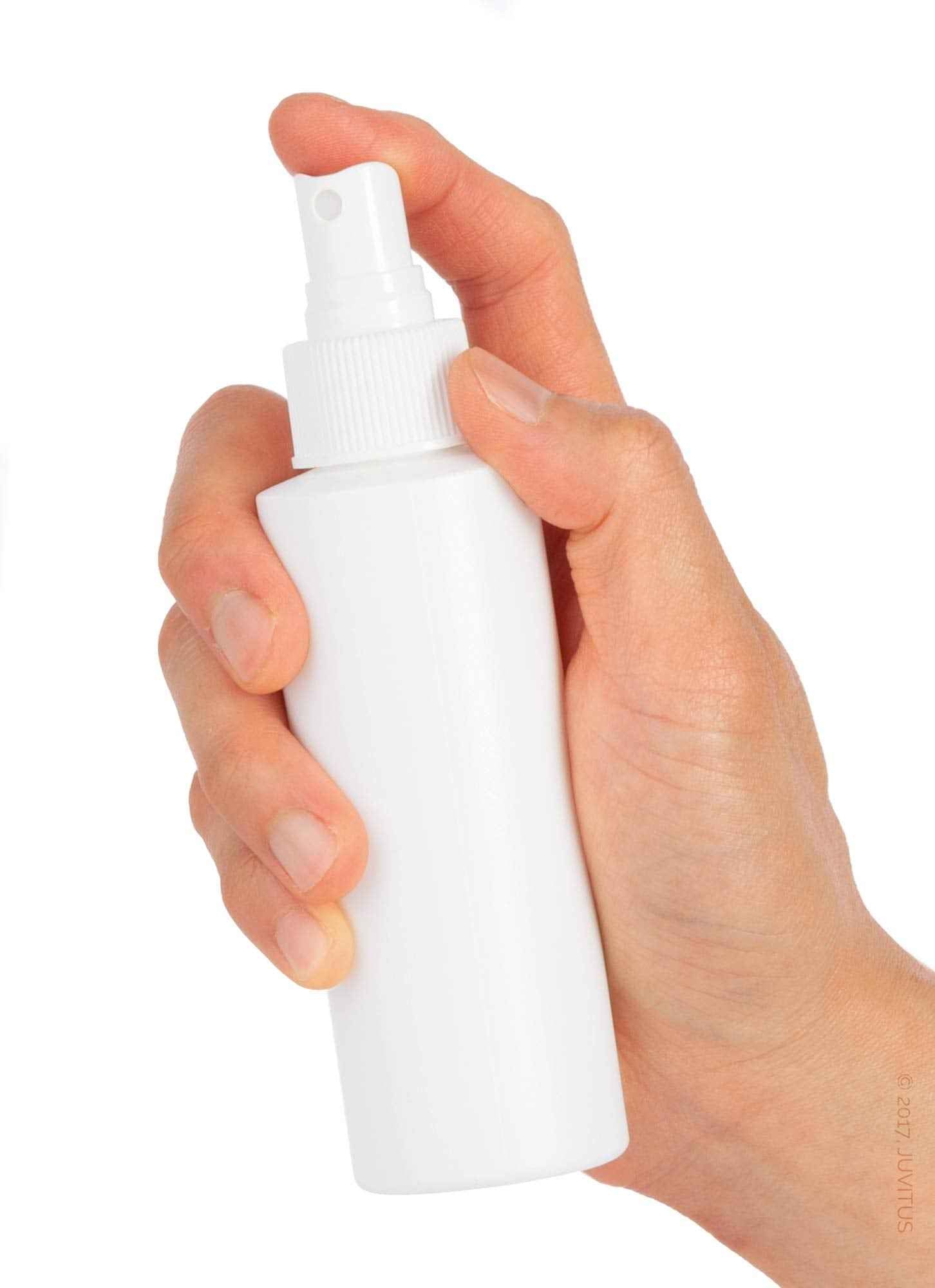 JUVITUS 4 oz / 120 ml White Plastic HDPE Refillable Cylinder Squeeze Bottle with White Fine Mist Spray (6 Pack)