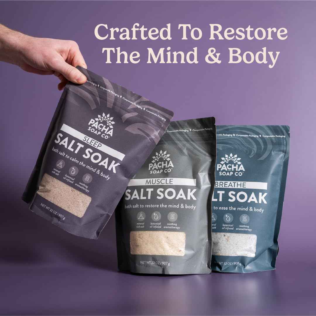 Pacha Soap Co. Muscle Salt Bath Soak - Epsom Salt with Arnica, Calendula, and Peppermint, Handcrafted Bath Salts Made in The USA for Muscle Relief, Recovery & Relaxation, 2-Pack (64 oz. Total)