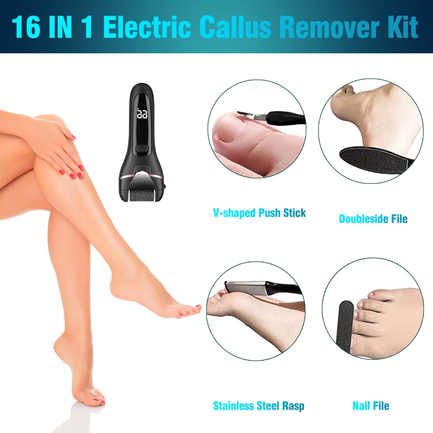 Foot Callus Remover Electric Callus Remover for Feet, Yooikeey Electric Foot Scrubber Dead Skin Remover,16 in1 Pedicure kit for Dead Skin&Cracked Heel or Rough Hand with 3 Roller Heads 2 Speed (black)