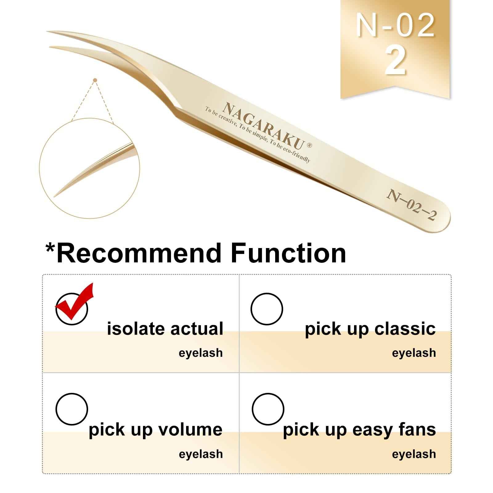 NAGARAKU Eyelash Extension Tweezers Gold Straight Curved Angled Long tip Volume Cluster Light Weight Easy Fanning Tweezer Stainless Steel Precision 1 Pair Lash Applicator Tool (N-02-2 & N-03-2)