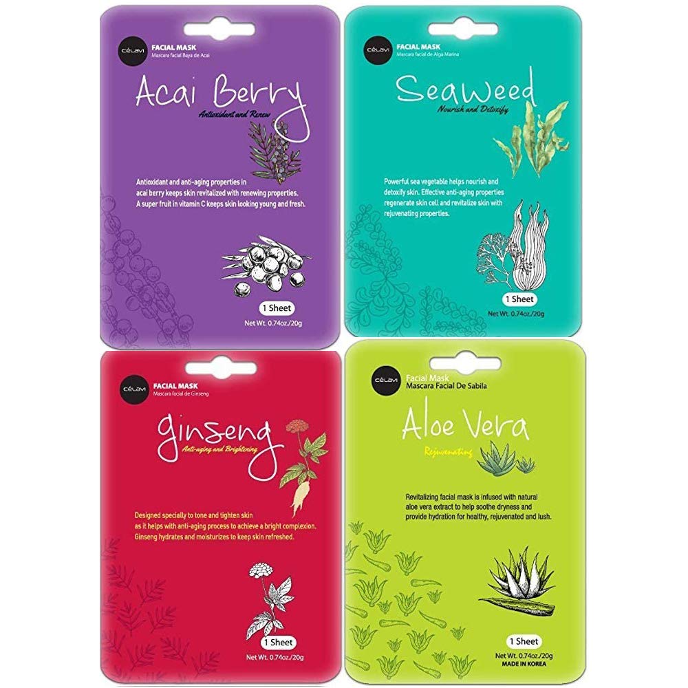 celavi Face Mask Set Korean Beauty Essence Facial Paper Sheet Mask Korea Skin Care Moisturizing 2 Packs of each 12 New flavors K-Beauty Skincare 24 masks in a pack Made in Korea