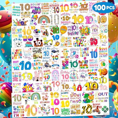 100 Pcs 10th Birthday Temporary Tattoos for Kids