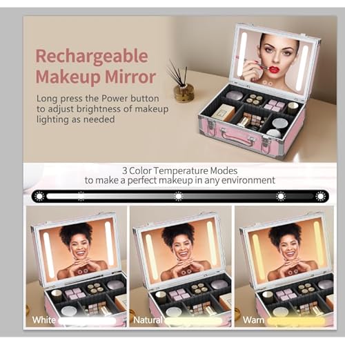 Travel Makeup Case with LED Mirror - Hard Shell Pink Travel Makeup Bag with Mirror - Portable Makeup Organizer with Mirror, Vanity Case for Cosmetics, Adjustable Divider