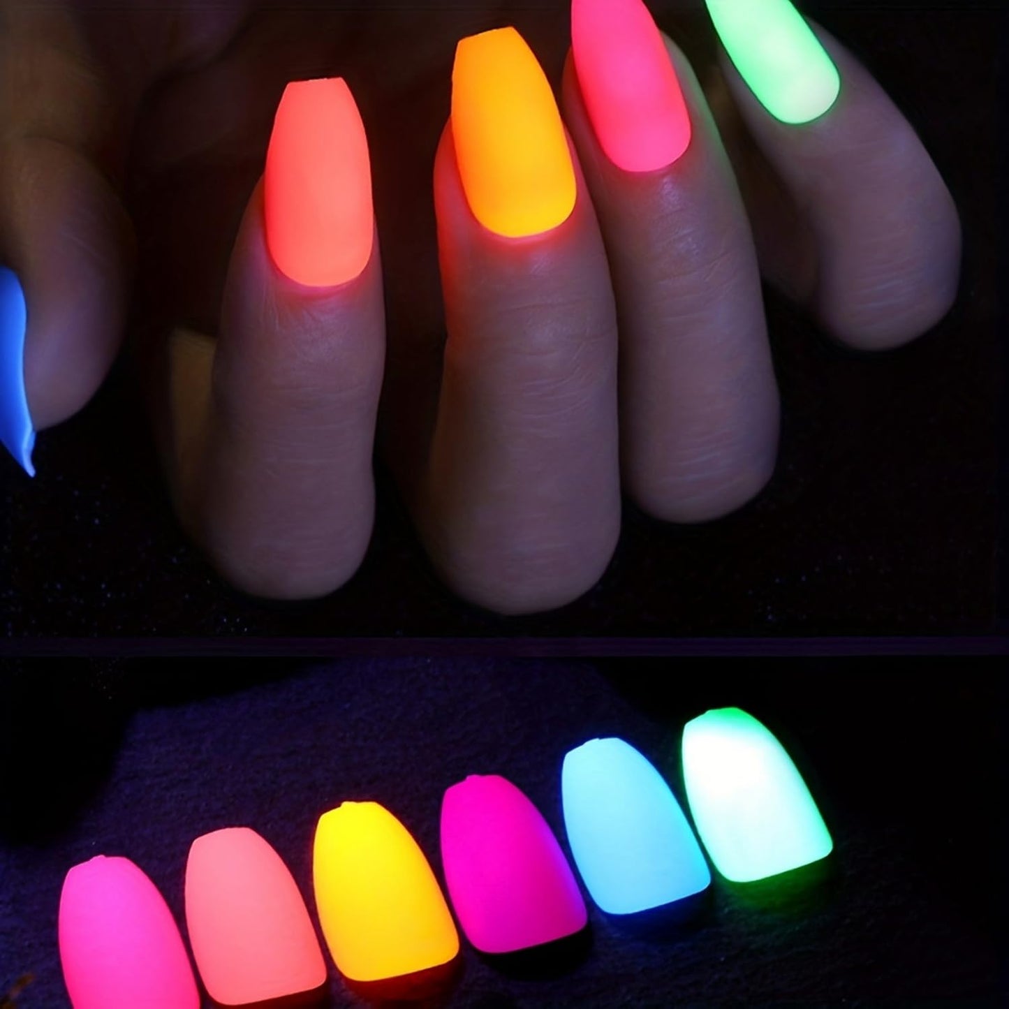 240 Pcs Glow in The Dark Press on Nails Kit Medium Halloween Coffin Shape Fake Nails Colorful Matte Glossy Acrylic False Nails with Fluorescent Designs Glue on Nails Medium Stick on Nails for Women