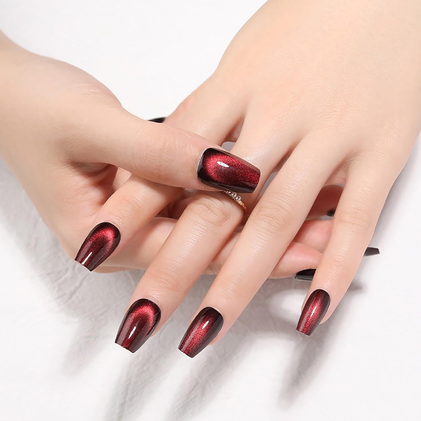 Dark Red Cat Eye Press on Nails Medium Coffin Fake Nails with Velvet & Glitter Designs KKUUOO Handmade False Nails Shiny Acrylic Nails Full Cover Glossy Stick on Nails for Women Girls 24Pcs