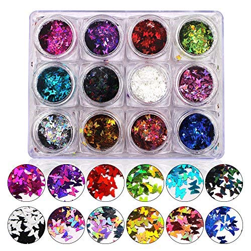 Minejin Nail Art Glitter Sequins Butterfly Shinning Acrylic 3D Flakies Stickers Tips Decoration 12 Color