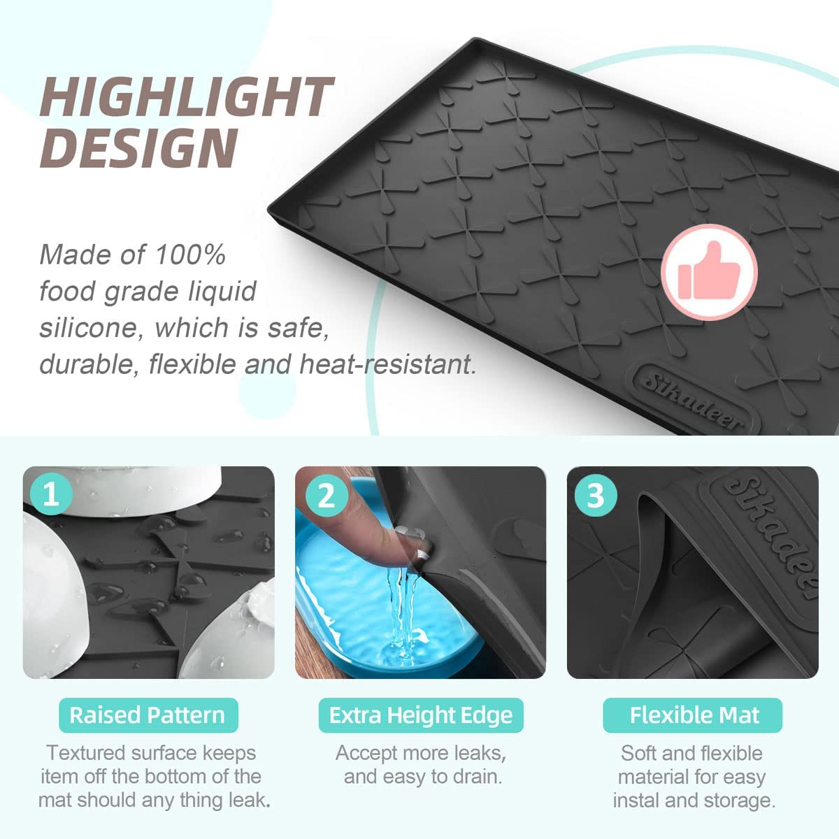 SIKADEER Under Sink Mat for Kitchen Waterproof, 22" x 22" Silicone Mat Cabinet Liner for Bathroom Under Sink Organizer with Raised Edge, Fits 24inch Standard Cabinet Under Sink Drip Tray Protector