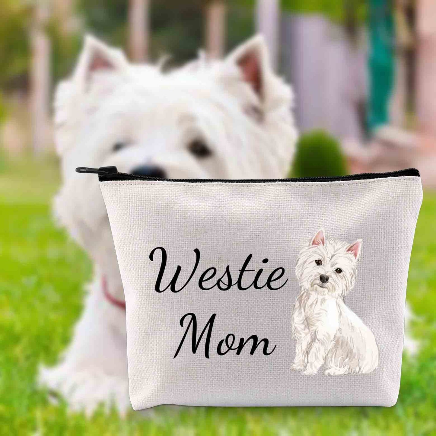 G2TUP Westie Lover Gift Westie Mom Makeup Bag West Highland Terrier Dog Owner Cosmetic Bag Dog Mom Pet Lover Gift Zipper Travel Bag (Westie Mom White Bag)