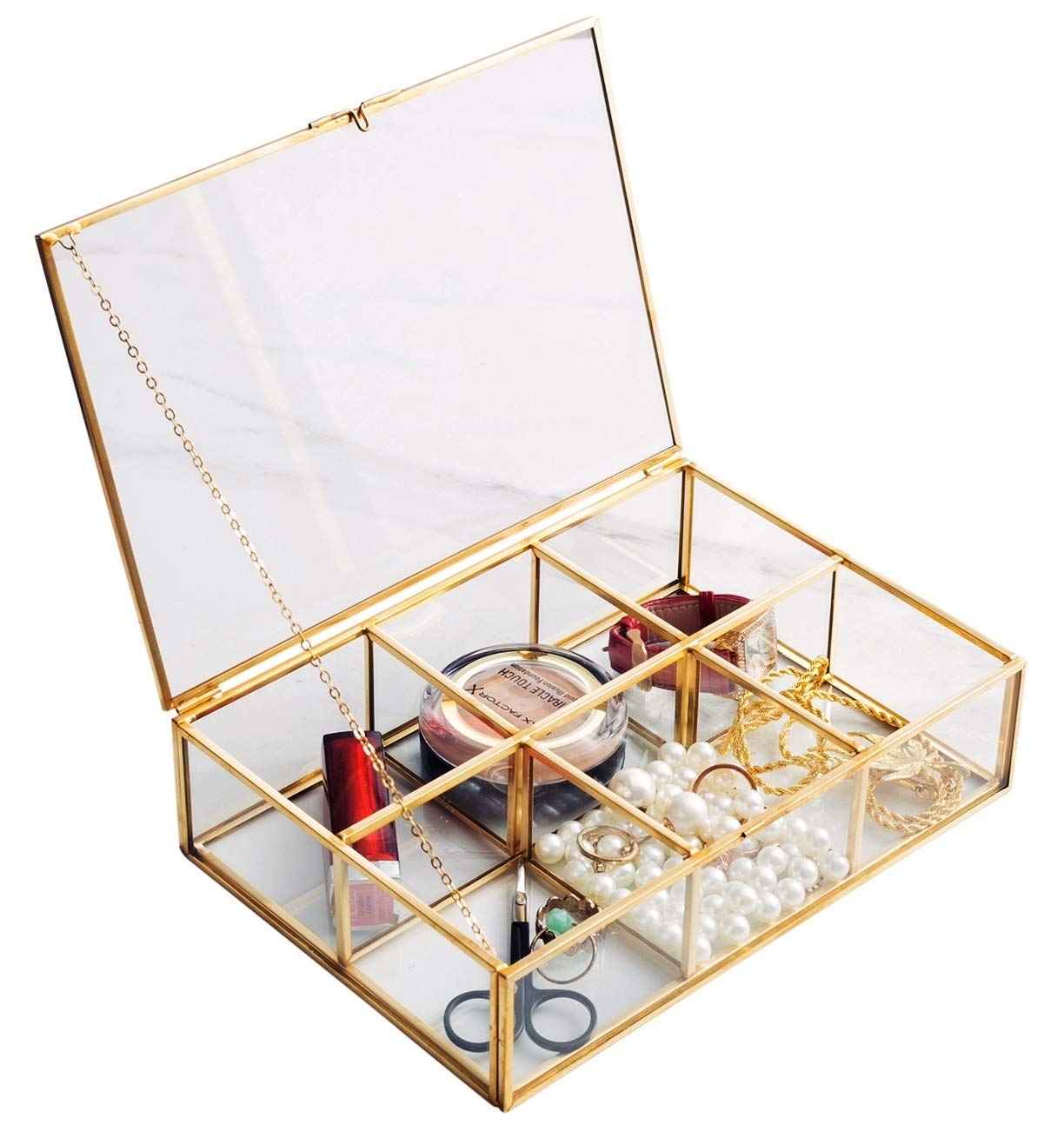 Levilan Golden Vintage Glass Box Clear Glass & Brass Metal Storage Jewelry and Cosmetic Makeup Lipstick Holder Organizer Beauty Display, 6 Compartment