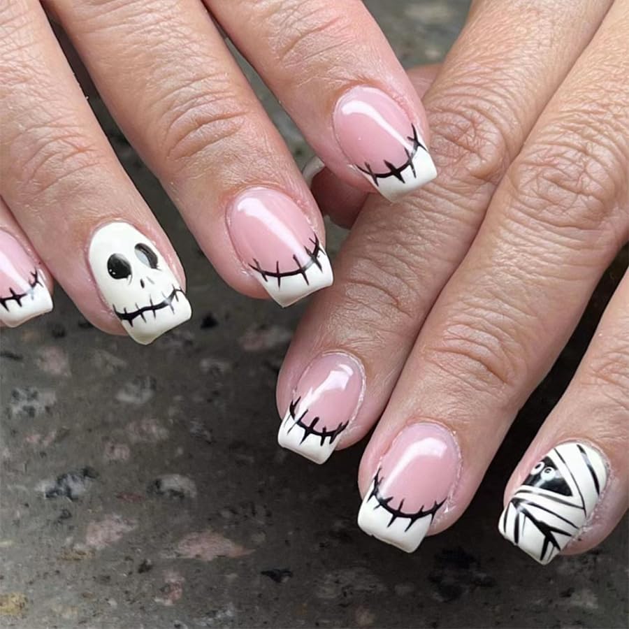 Halloween French Tip Press on Nails Short Square Fake Nails, Pink Press on Nails with Mummy Designs Halloween Glue on Nails Full Cover False Nails Halloween Nails for Women 24Pcs