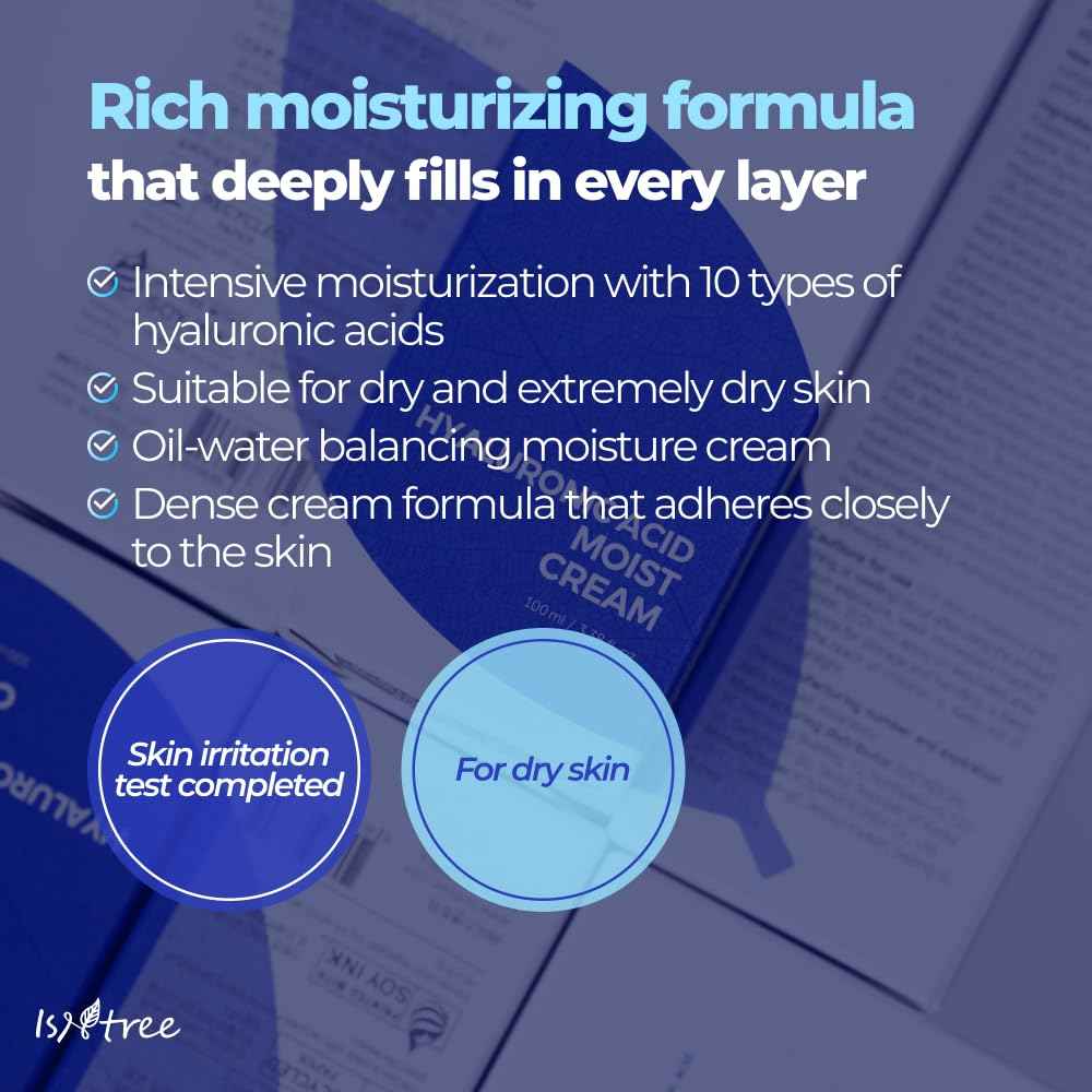 ISNTREE Hyaluronic Acid Moist Cream 100ml, 3.38 fl.oz | Korean Skincare | Deep Hydration for Dry Skin | Balances Oil & Moisture | Lightweight & Non-Greasy | Fragrance-Free