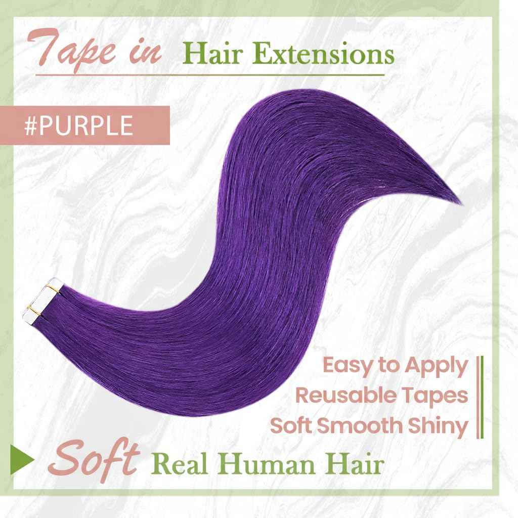 RUNATURE Tape in Hair Extensions Human Hair 18 Inch Purple Tape in Hair Extensions Purple Human Hair Tape ins Purple Hair Extensions Tape in Extensions Purple Extensions Hair for Highlight 25g 10pcs