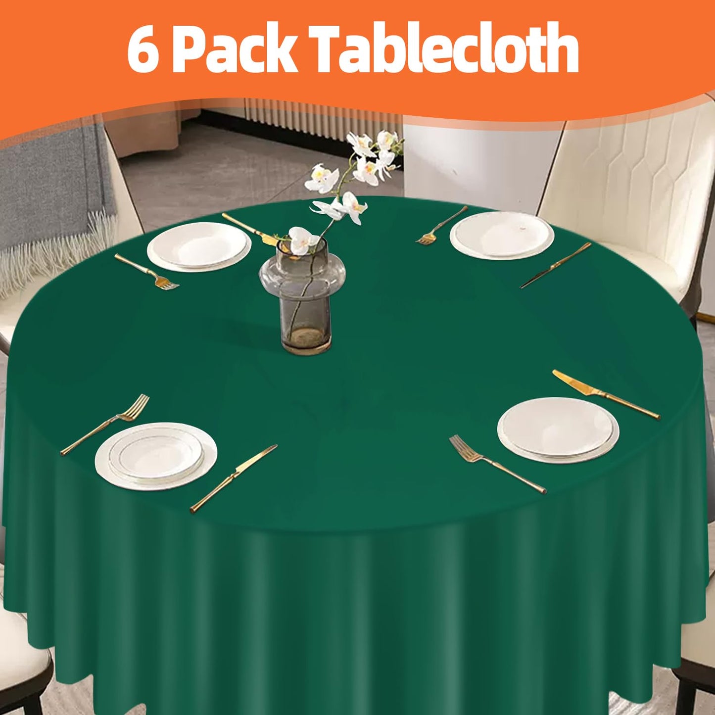 tujol Dark Green 6 Pack Plastic Table Cloth 84", Disposable Round Tablecloth Table Cover, Plastic Table Cloths for Parties