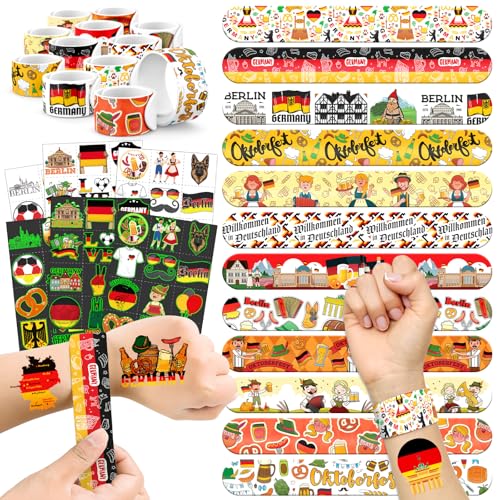 96 PCS Germany Party Favors Set ? 72 Pre-Cut Temporary Tattoos & 24 Slap Bracelets, Perfect for Oktoberfest, Soccer Fans & Cultural Celebrations