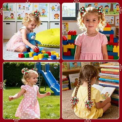 JUNEBRUSHS 6 Pcs Christmas Hair Bows Clips, Red Green White Ribbon Curly Hair Accessories for Girls Christmas Favor Gift Holiday Decor Accessory