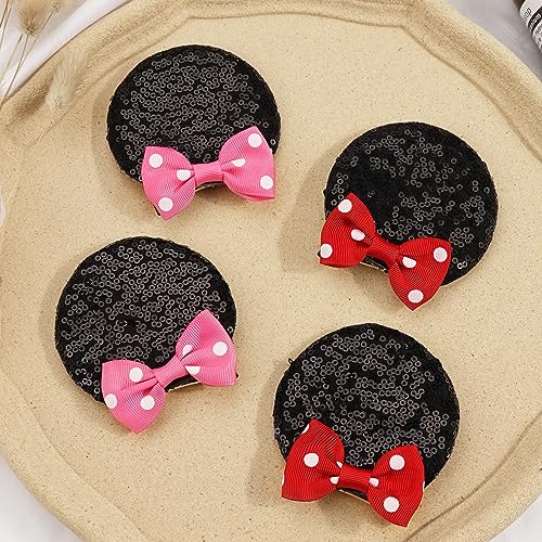 Ayesha Mickey Minnie Ears Hair Clips Mouse Ears for Toddler Girls Sequin Mouse Bows Barrettes Mice Ears Polka Dot Bows Mouse Hair Accessories for Baby Girls Toddler Kids Costume Party 4PCS