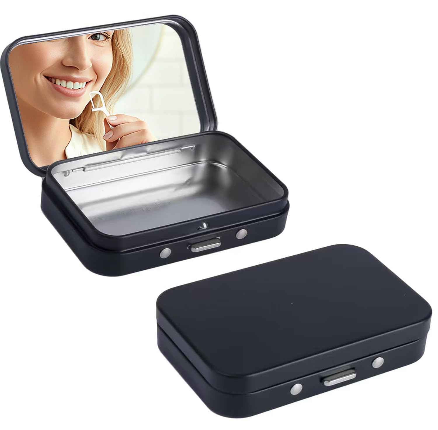 LIGHUFEIC 2Pack Dental Floss Portable Case with Mirror,Refillable Portable Floss Pick Holder Container,Small Floss Dispenser for Travel, Dates,Dinners and Hotels(Black)