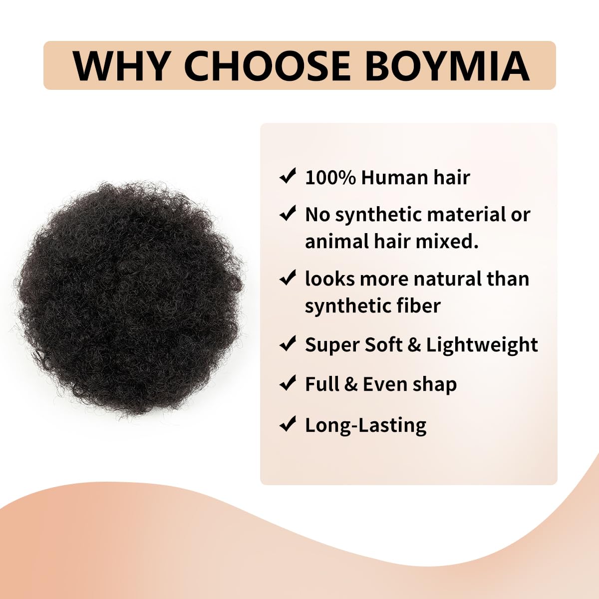 Boymia Afro Puff Drawstring Ponytail Human Hair #1 Jet Black 6 Inch Kinky Curly Bun Hair Genuine Human Hair Short Kinky Bun for Natural Hair Clip On Kinky Drawstring Curly Ponytail Bun