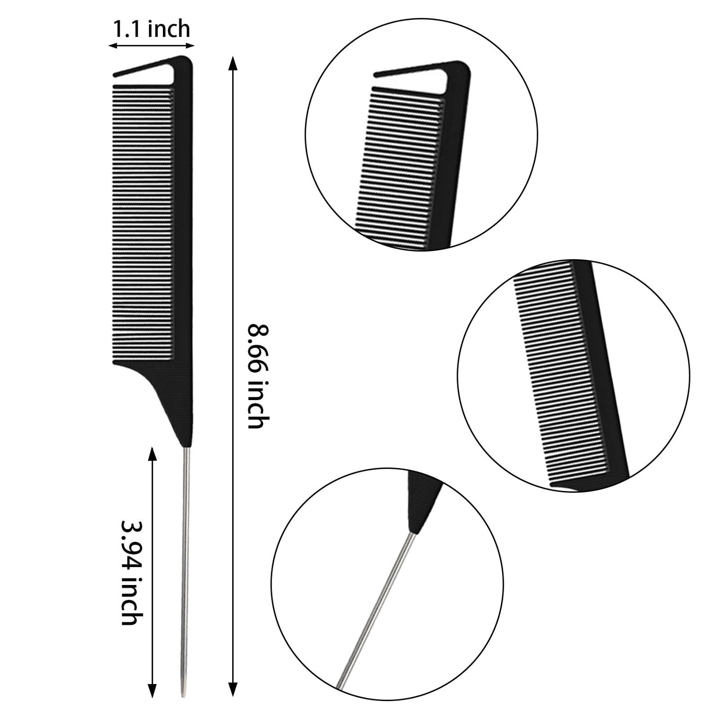 12 Pieces Hair Parting Comb for Braids Steel Pin Rat Tail Teasing Comb Rat Tail Comb with Stainless Steel Pintail for Hairdressing(Black, Pink)