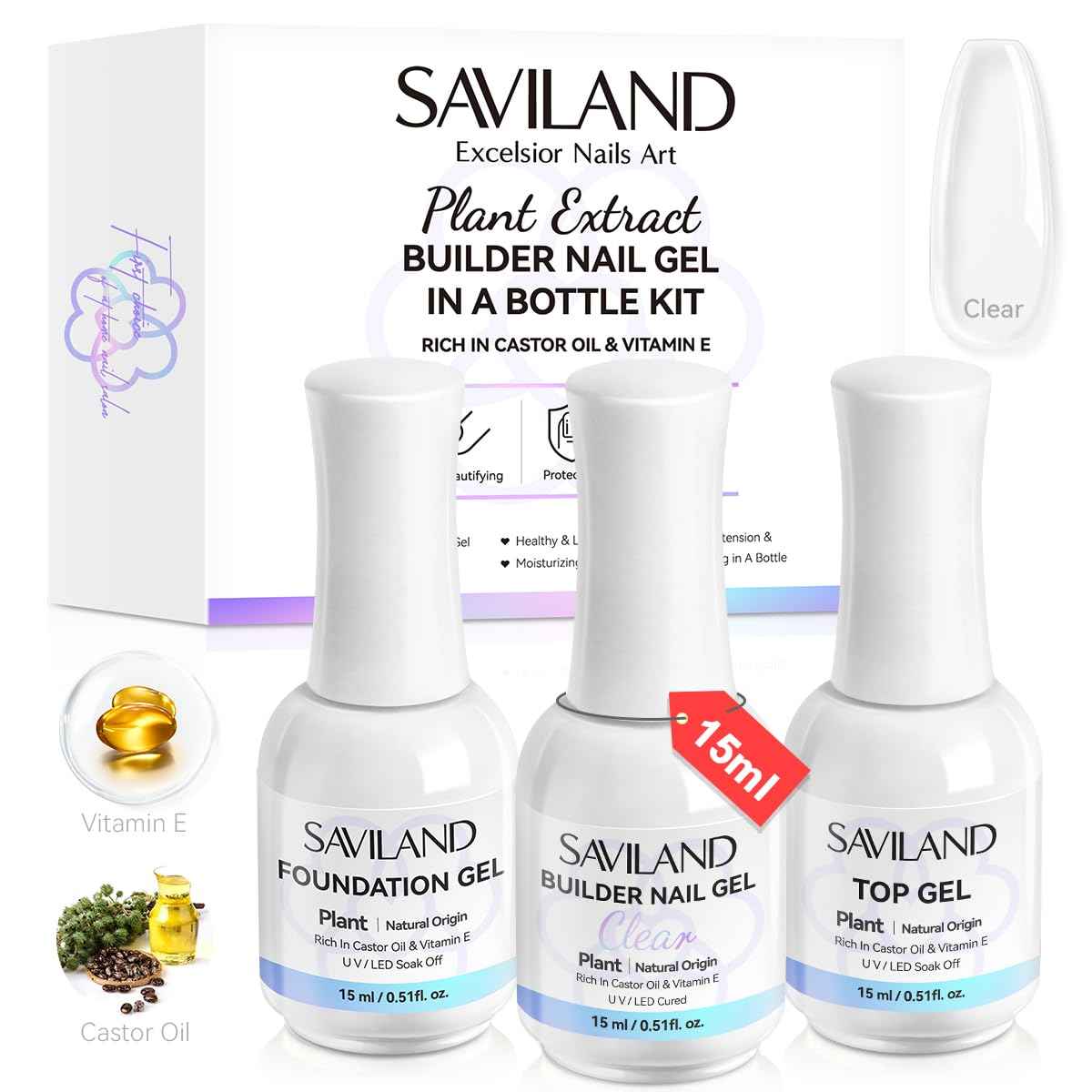 SAVILAND Builder Nail Gel with Air Cushion Design with 3 Pcs 15ml Vitamin E Ingredient Builder Nail Gel Base & Top Gel