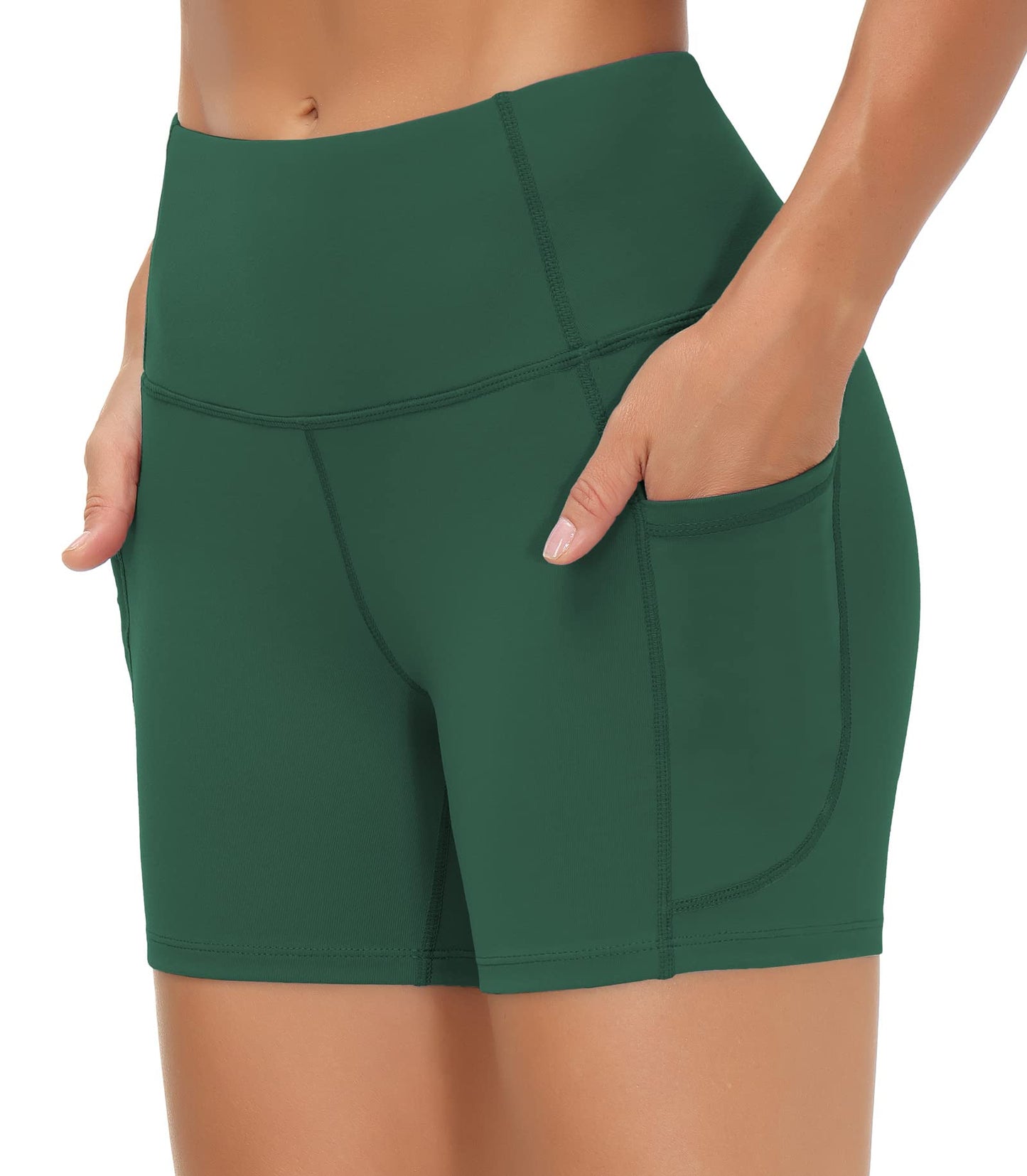 THE GYM PEOPLE High Waist Yoga Shorts for Women's Tummy Control Fitness Athletic Workout Running Shorts with Deep Pockets (Small, Dark Green)