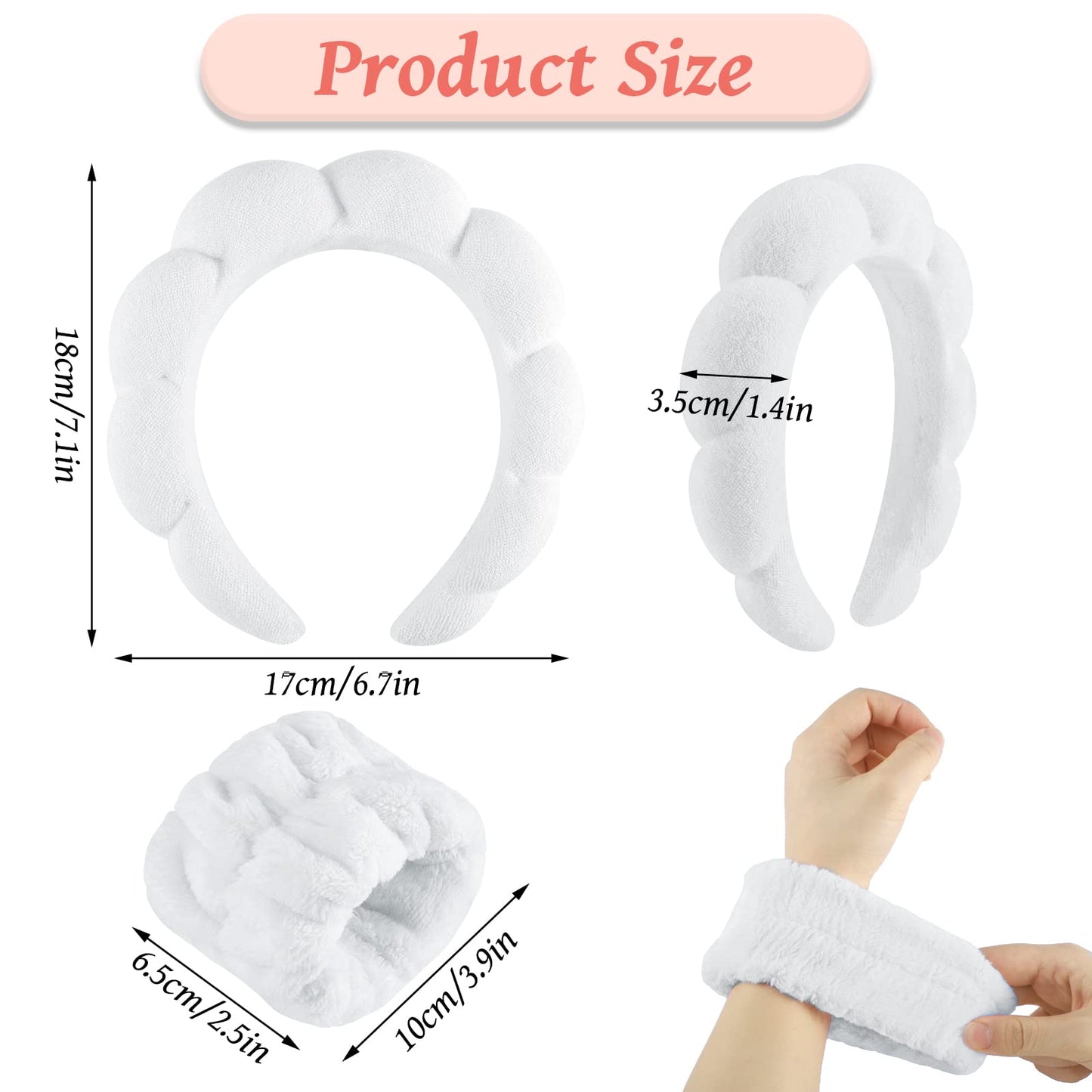 Spa Headband for Washing Face, Sponge Skincare Headband and Wrist Washband Set White Makeup Headband for Skincare, Shower for Women