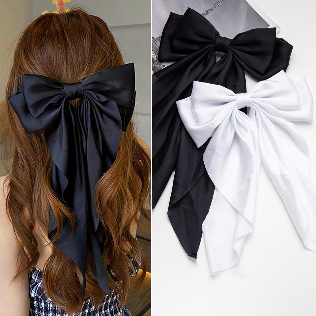 Oversized Long-tail Cute Aesthetic Hair Accessories: 2 PCS Ribbon Barrettes with Large Hair Bows for Women (Beige, Sky Blue)