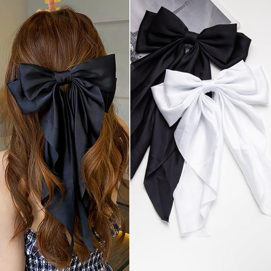 Oversized Long-tail Cute Aesthetic Hair Accessories: 2 PCS Ribbon Barrettes with Large Hair Bows for Women (Beige, Sky Blue)