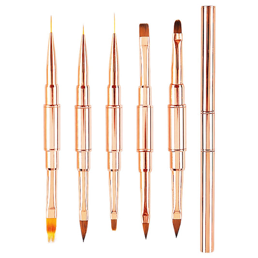 JERCLITY 5pcs Rose Gold Alloy Double-Ended Nail Art Brushes Set Nail Lace Brushes Round Flat Gel Builder Brush Nail Carving Pen Nail Liner Brush 3D Painting Brush Nail Design Tools for Acrylic Nails