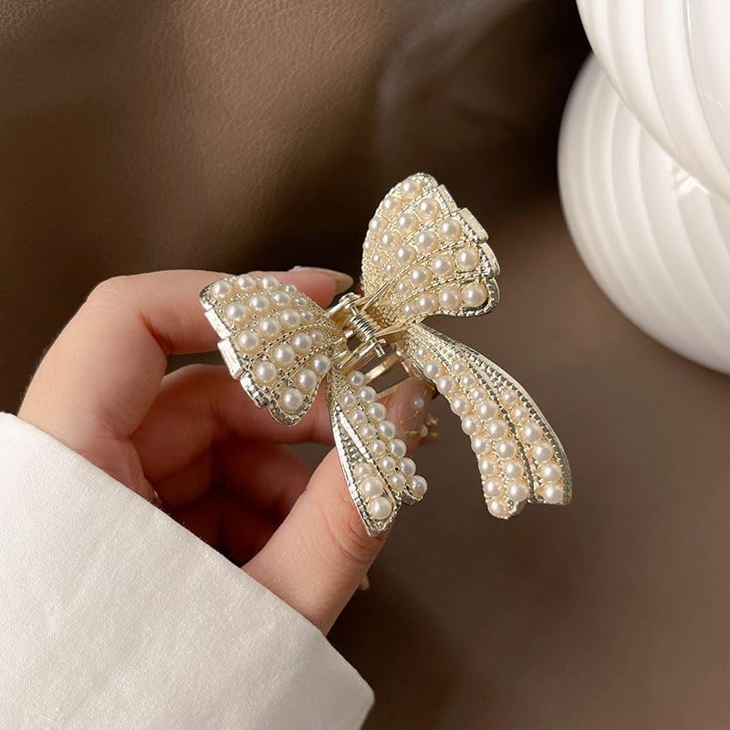 papasgix Pearl and Bow Hair Accessories: Butterfly Clips, Small Gold Metal Claw Hair Clips for Women and Girls (2Pearl, Hair Accessory)