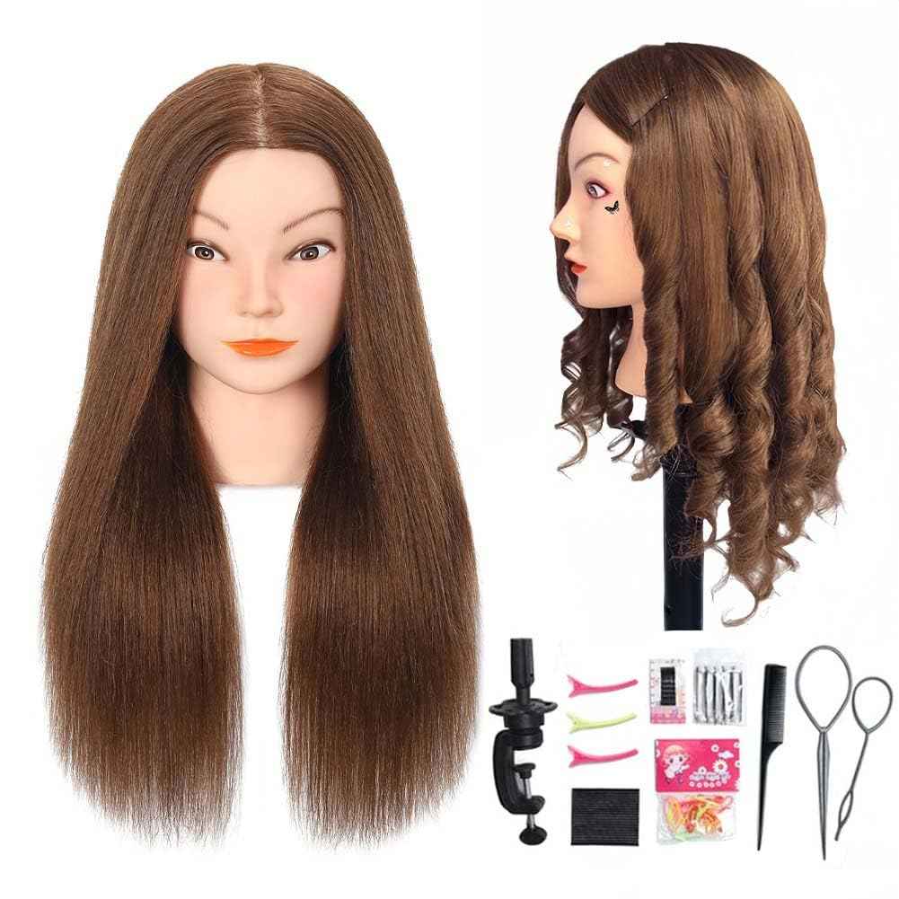 Opini Mannequin Head with 100% Real Human Hair Cosmetology Mannequin Head to Practice Hairstyles Doll Head Training Head for Hairdresser (Brown)